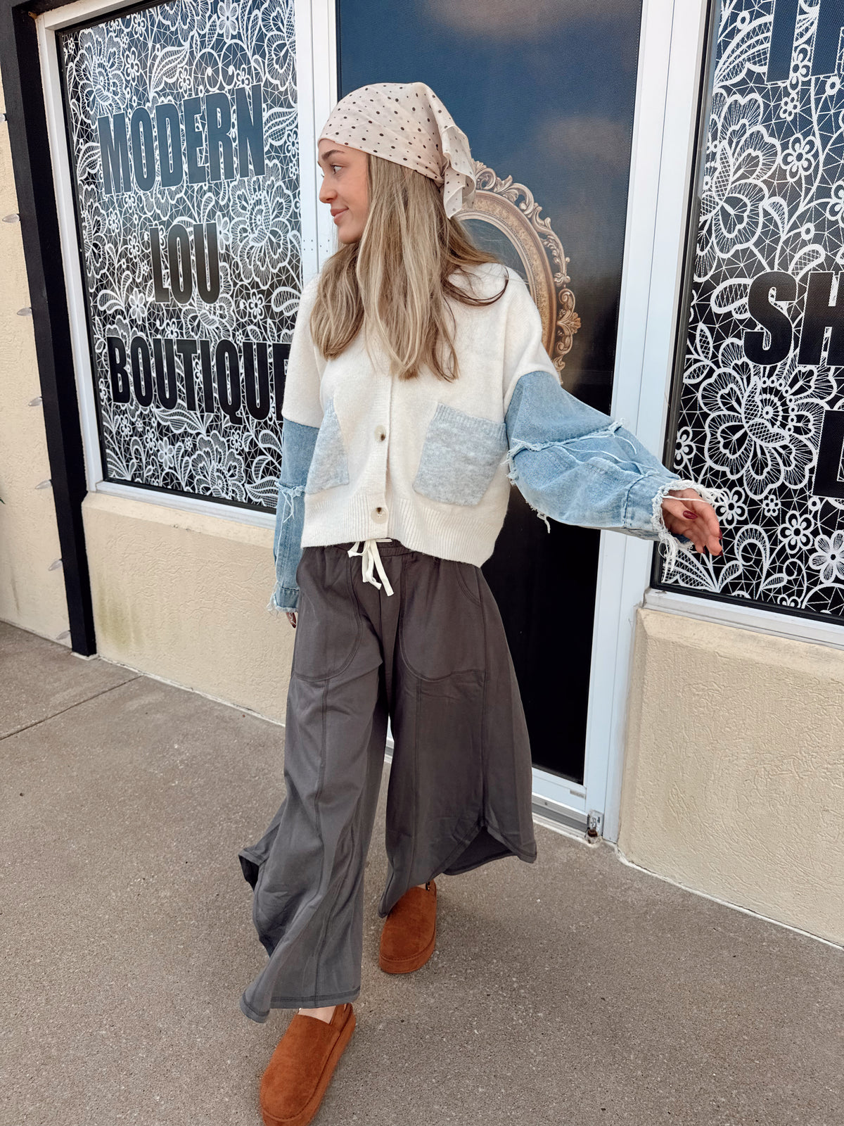 Oatmeal Denim Sleeve Sweater