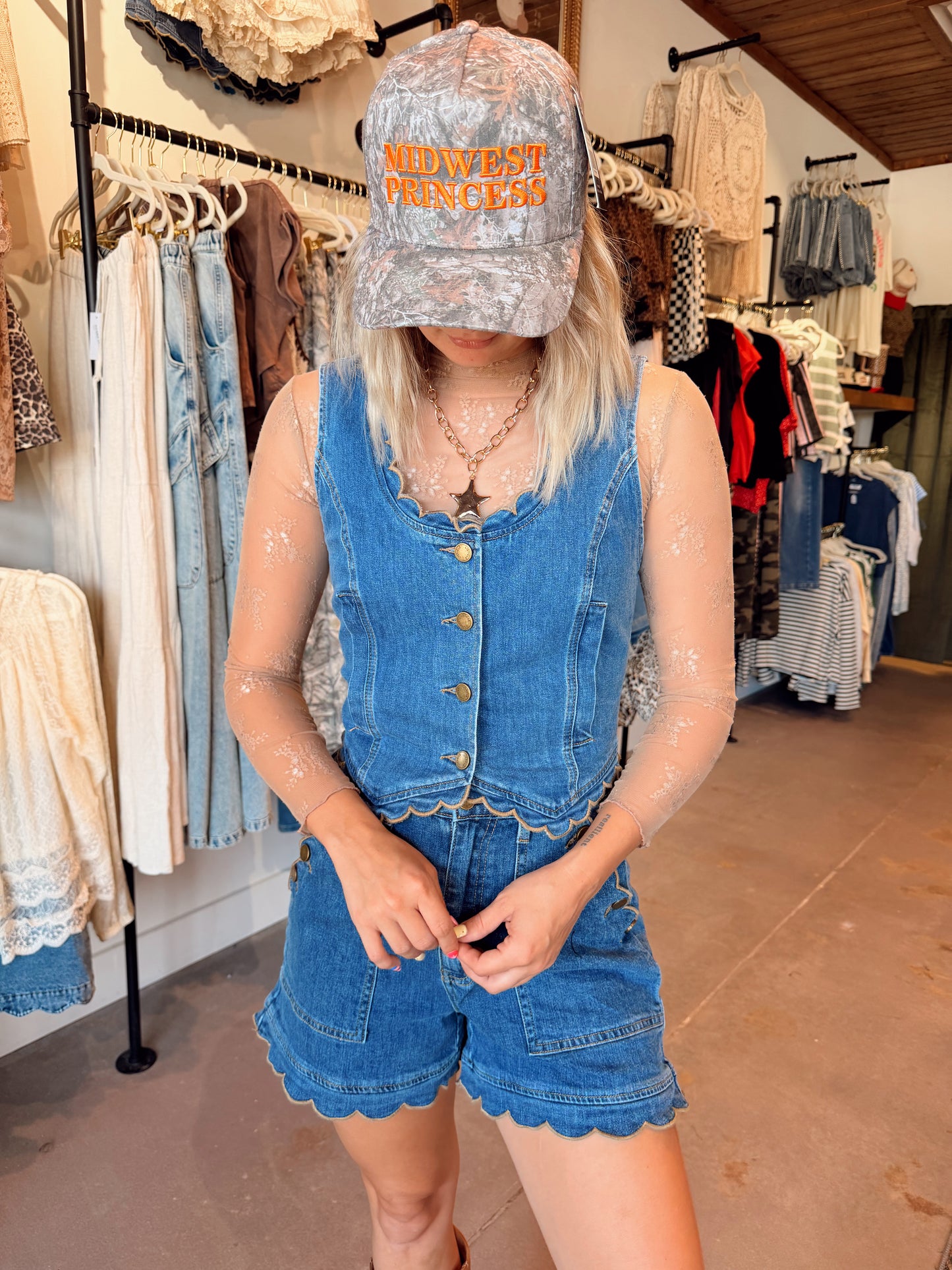 Scalloped Denim Shorts