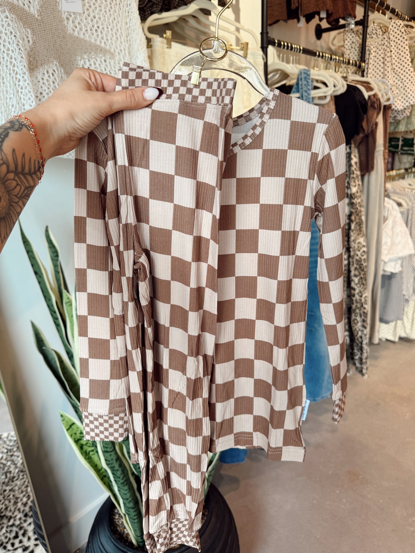 Ribbed Latte Check Bamboo Set