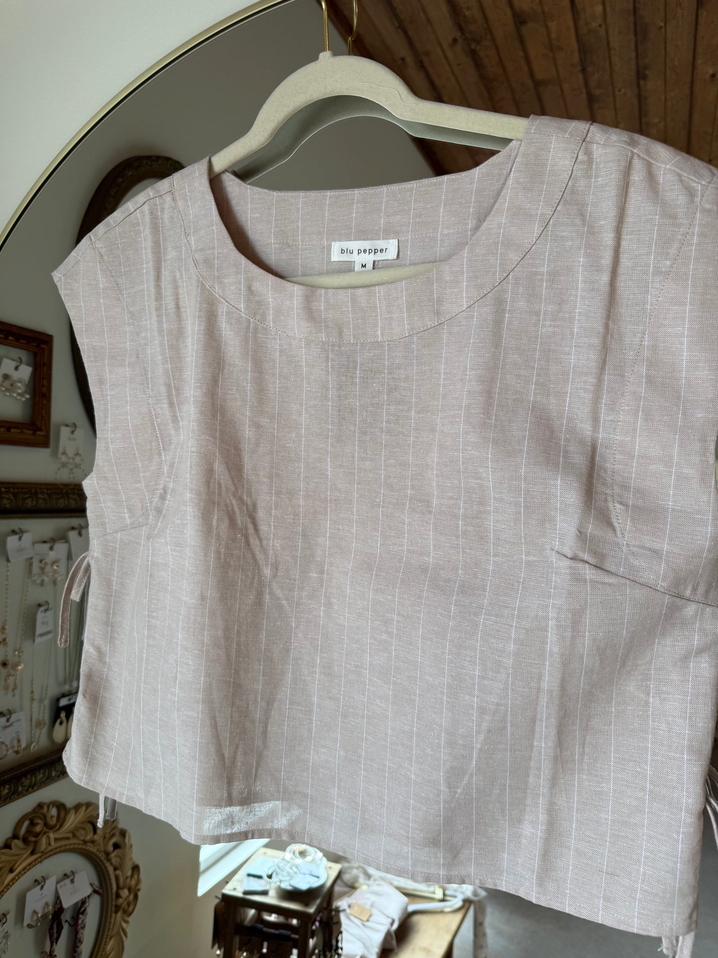 Beige Linen Pinstripe Tie Top
