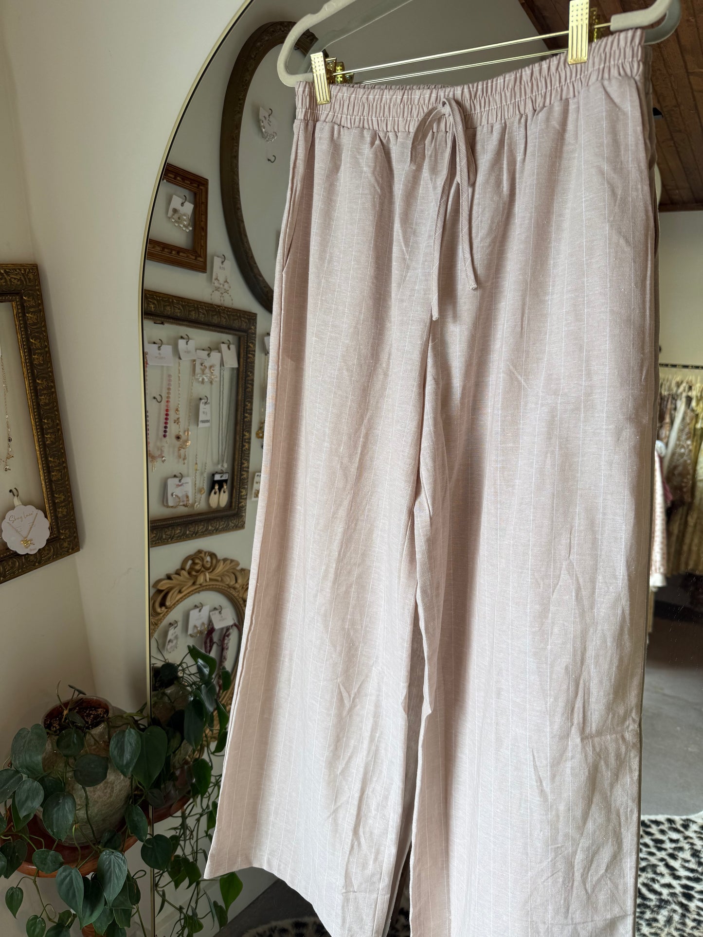 Beige Linen Pinstripe Pants