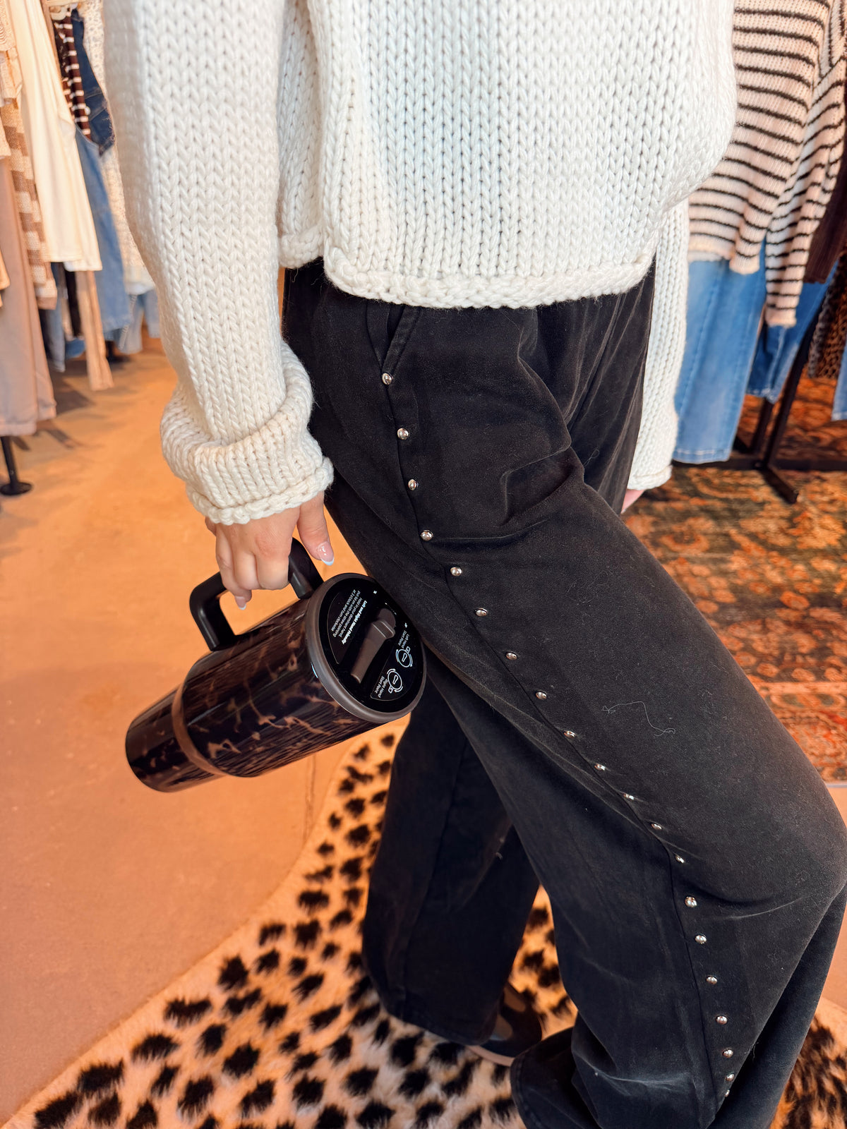 Stud Wide Leg Sweatpants- Black