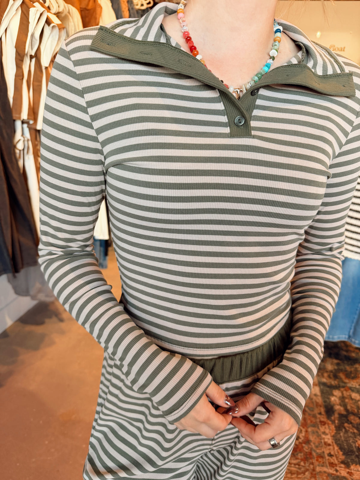 Mock Stripe Lounge Set- Olive