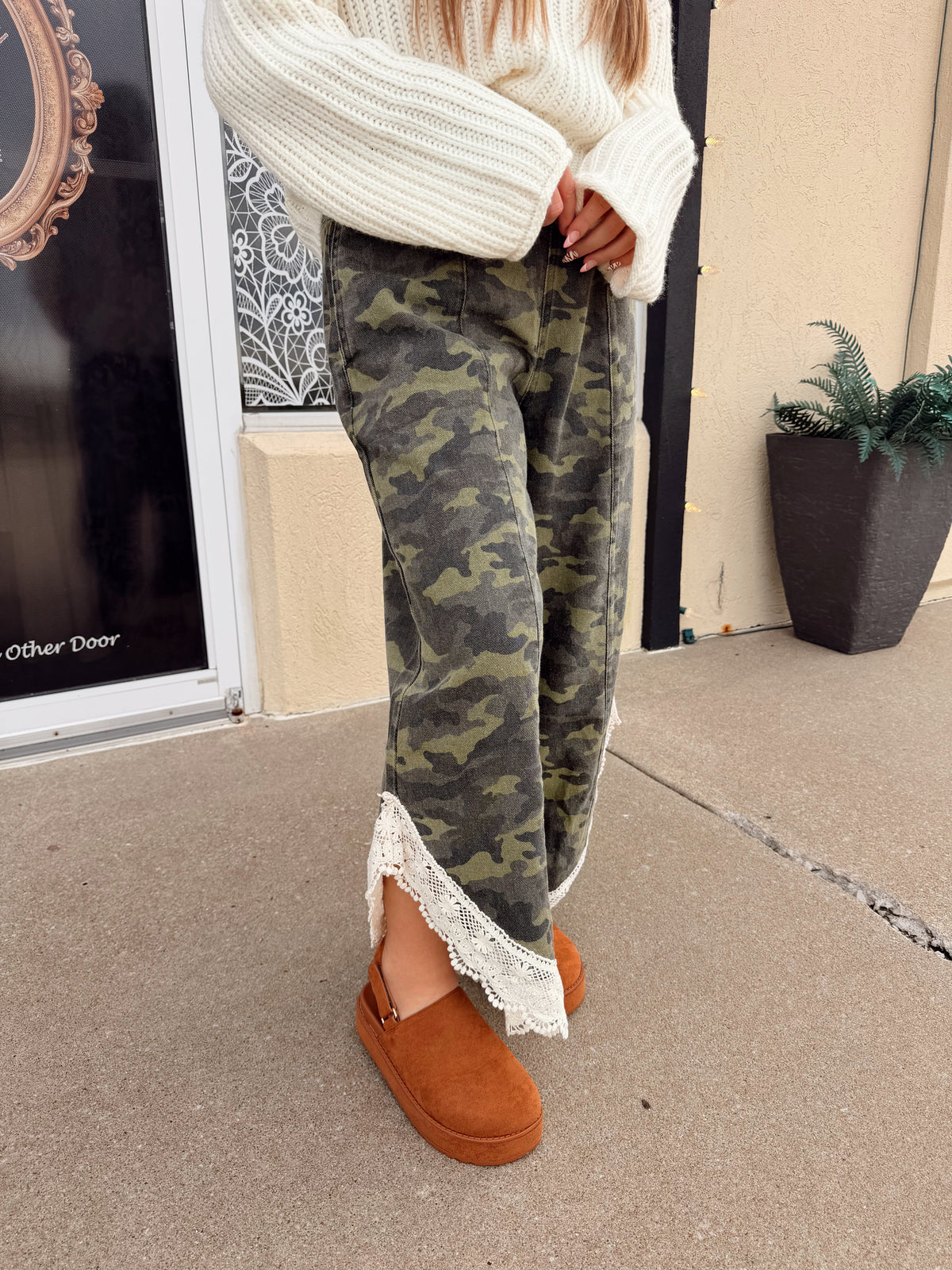 Camo/Lace Wide Leg Pants