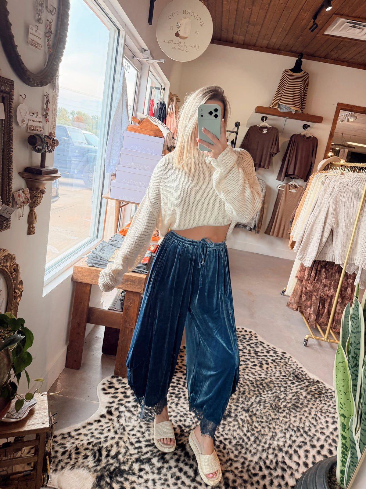 Velvet Lace Pants- Slate Blue