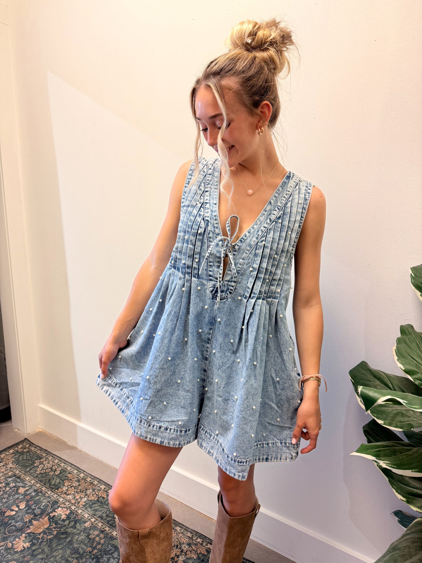 Pleated Pearl Denim Romper