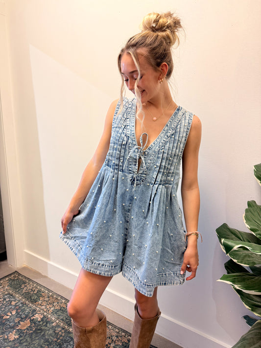 Pleated Pearl Denim Romper