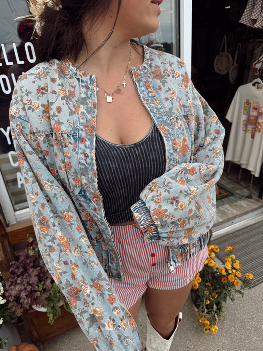 Denim Floral Bomber