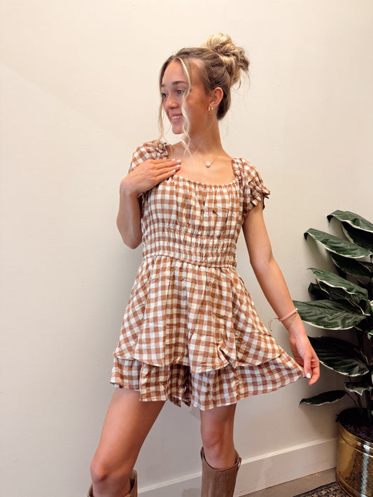 Brown Gingham Romper