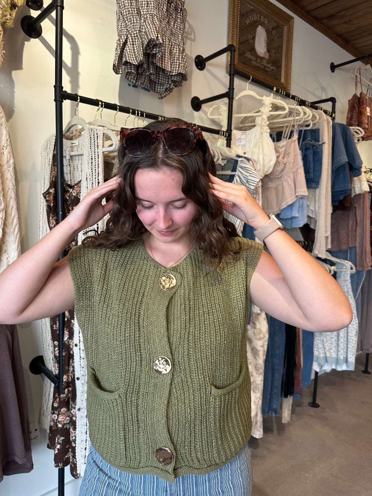 Olive Gold Button Vest