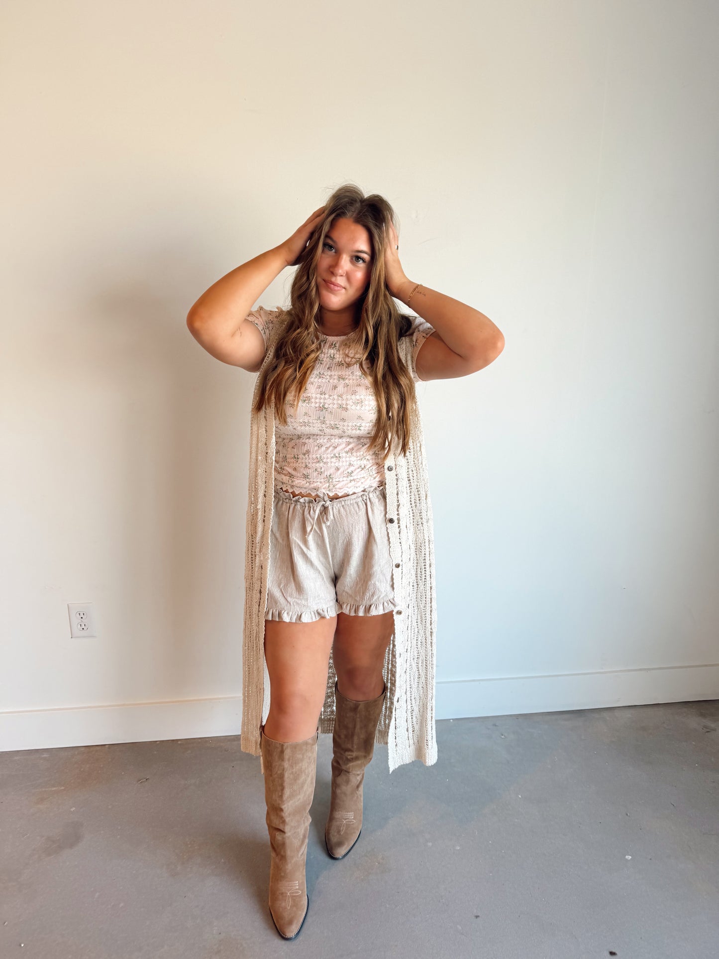 Taupe Ruffle Linen Shorts