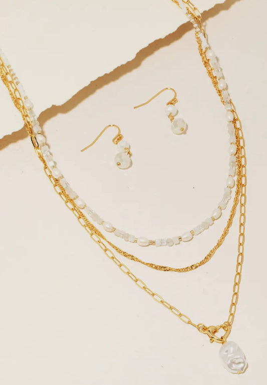 Pearl Layering Necklace & Earring Set