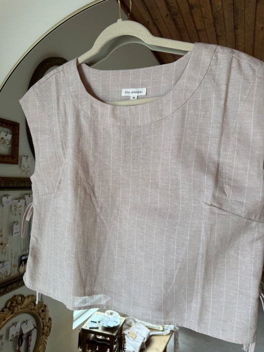 Beige Linen Pinstripe Tie Top