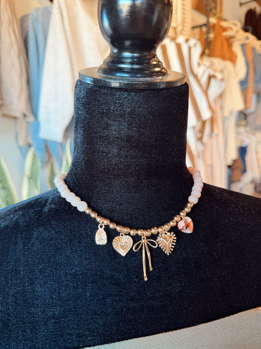 Beaded Bow Heart Charm Necklace