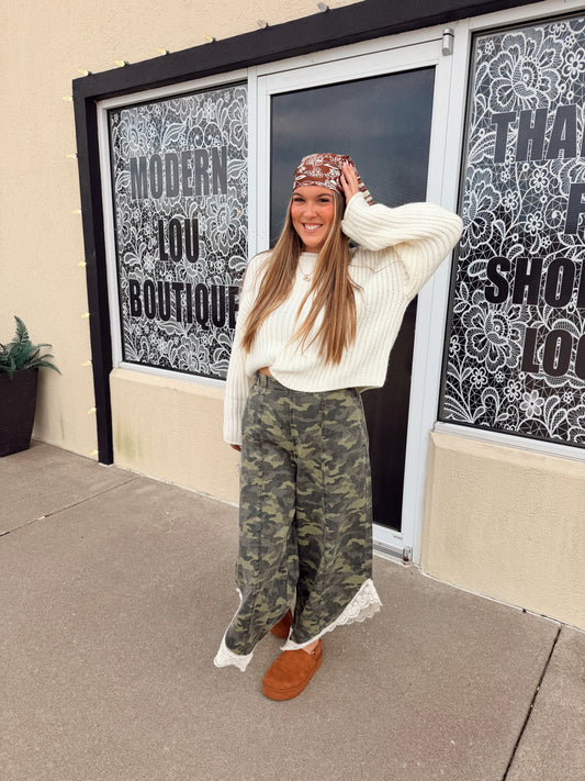 Camo/Lace Wide Leg Pants