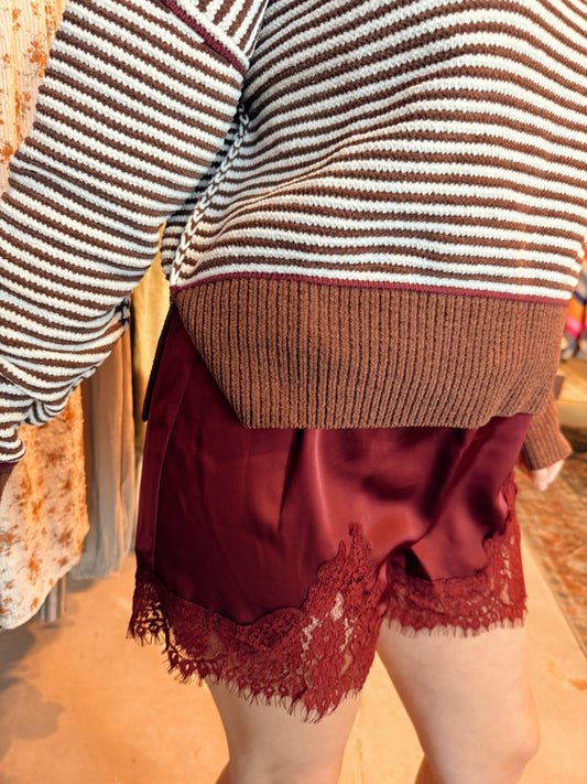 Burgendy Silky Lace Shorts