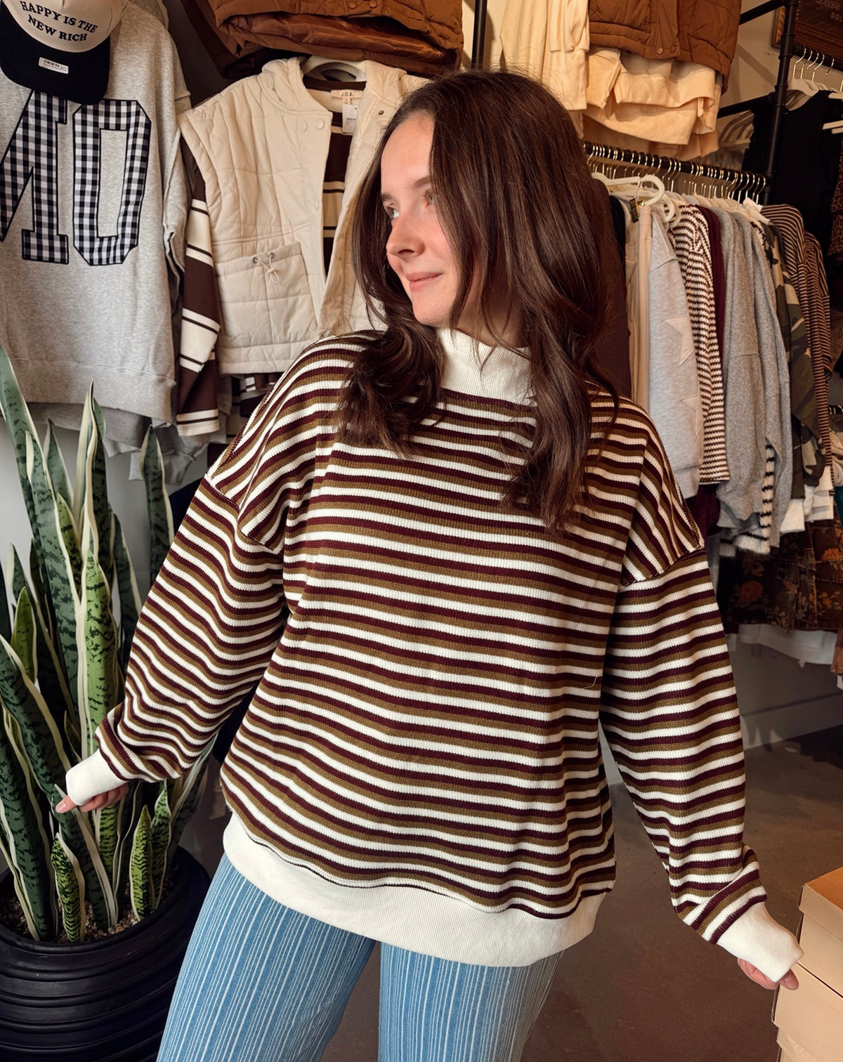 Jill Striped Knit Mockneck Brown