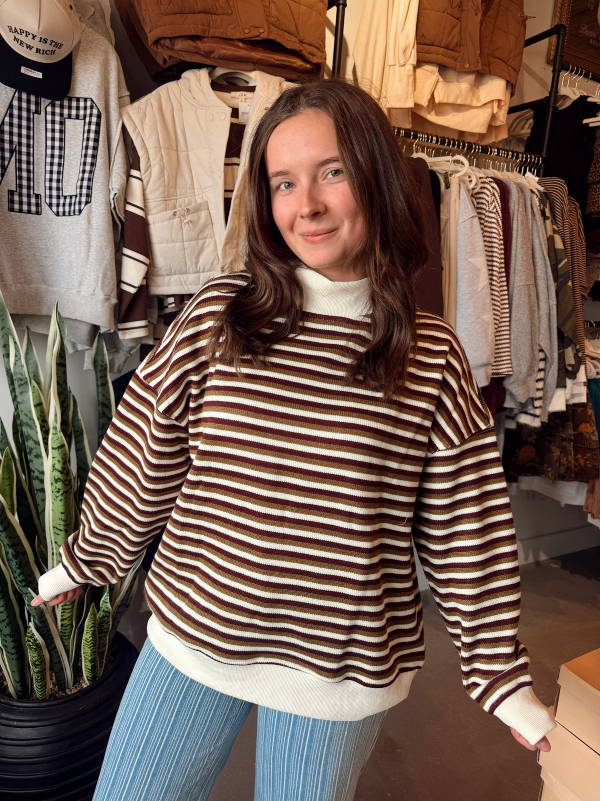 Jill Striped Knit Mockneck Brown
