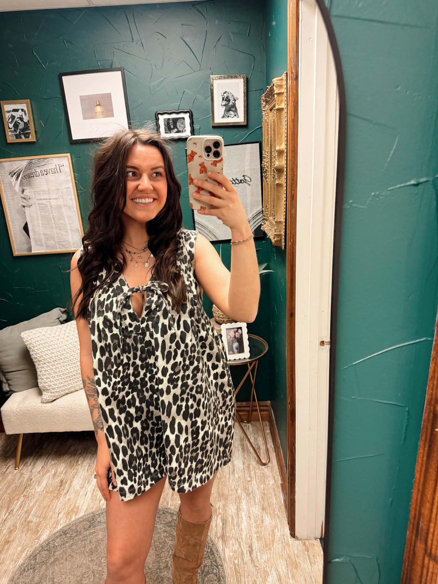 Pleated Denim Leopard Romper