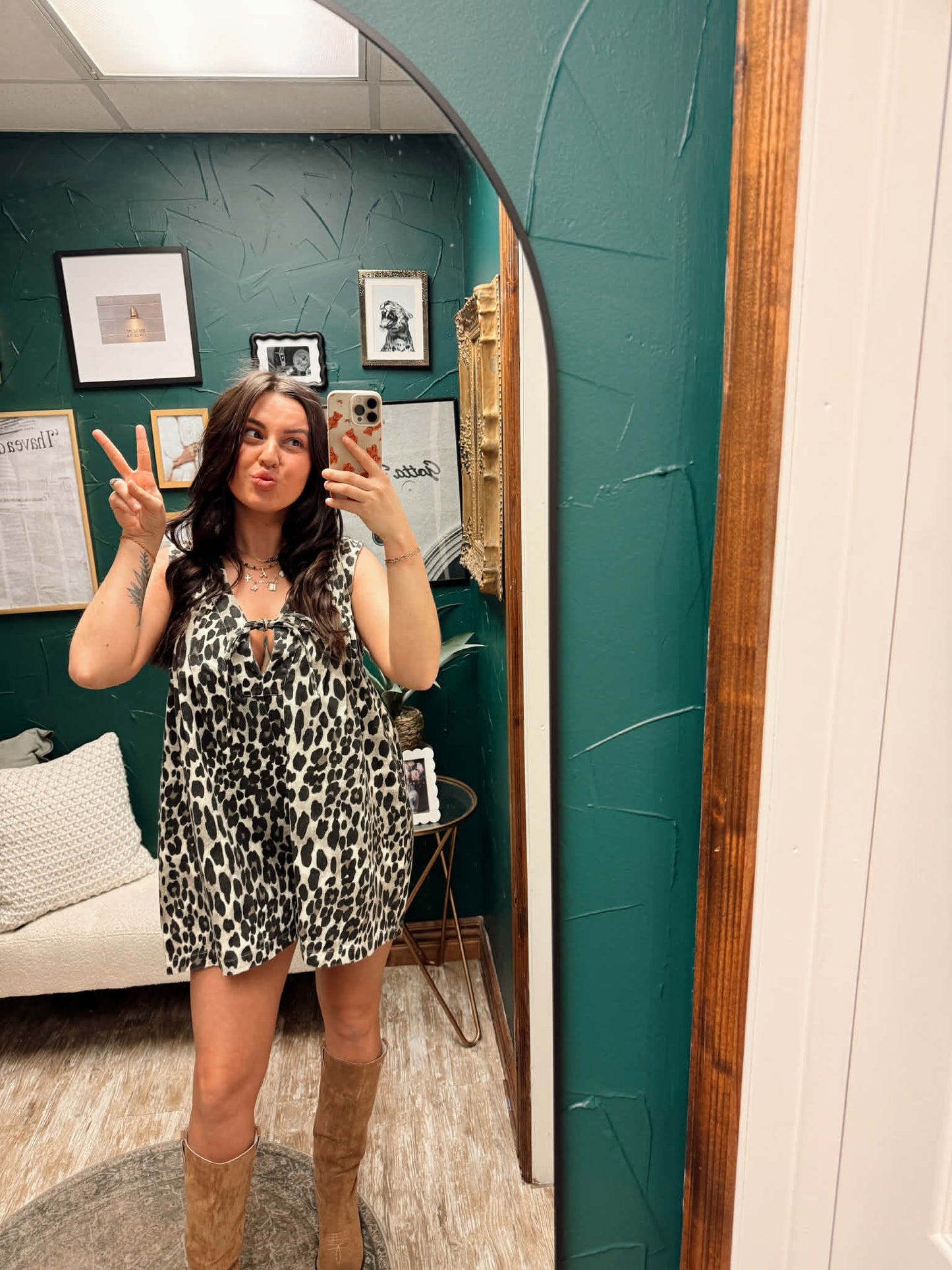 Pleated Denim Leopard Romper