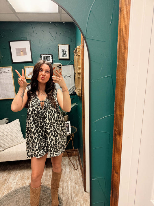 Pleated Denim Leopard Romper